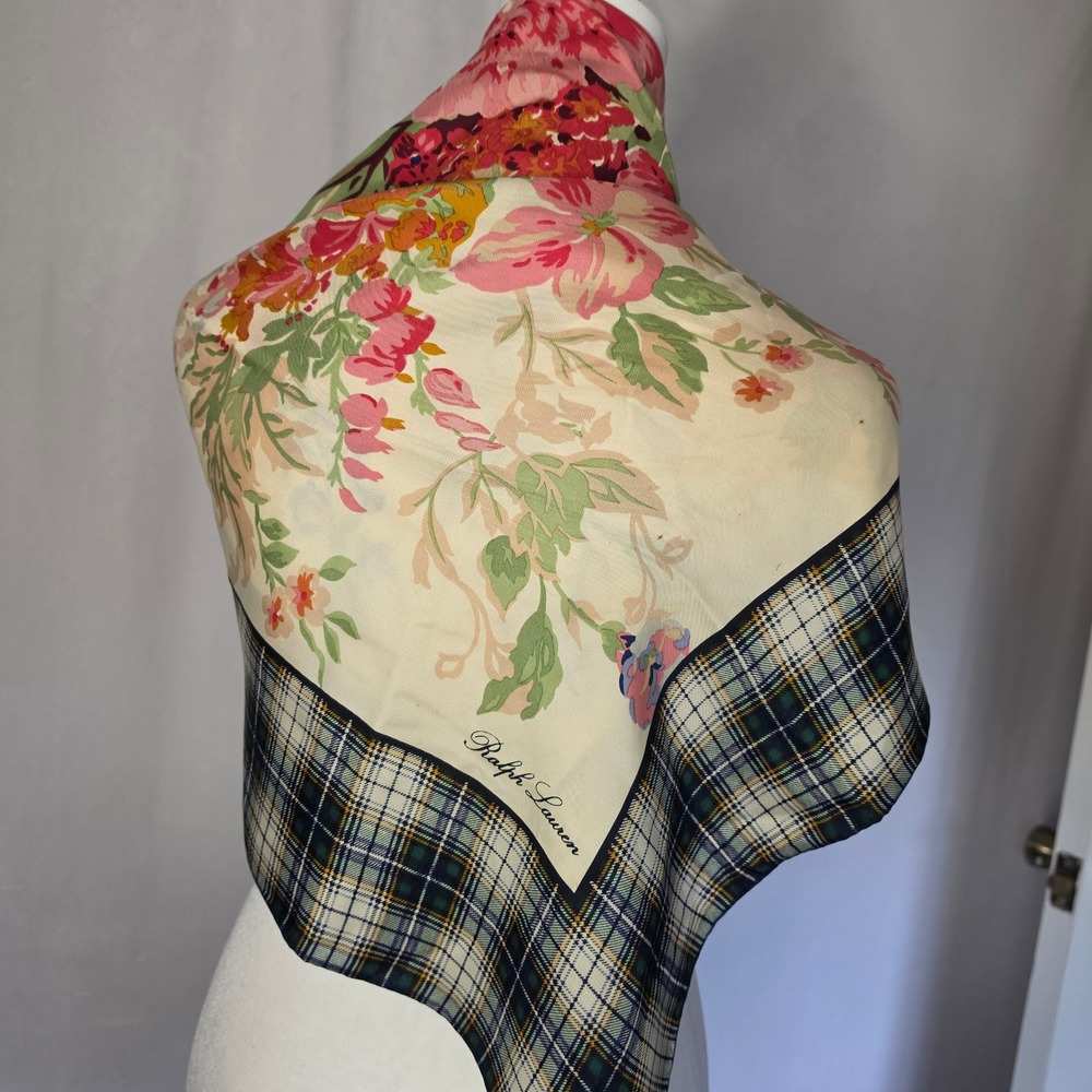 Ralph Lauren Silk Square Scarf Floral Plaid Tartan whimsical old school - Picture 3 of 7